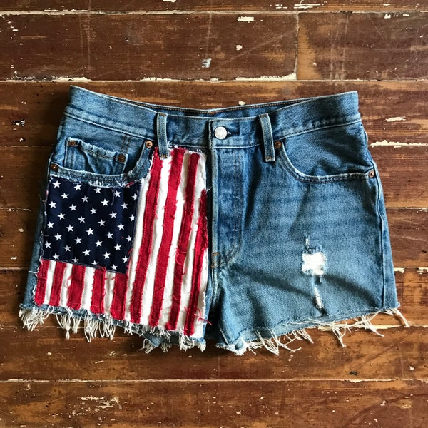 30 waist faded Levis 501 rag Cut offs denim shorts  American Flag moto  PEGGYOWASHERE design OOAK patchwork