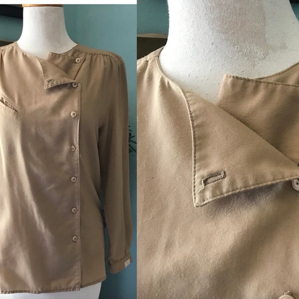 Vintage 80's JAG camel avant garde blouse Cotton/Poly blend new wave shirt collar MTV club kid chic asymmetric button