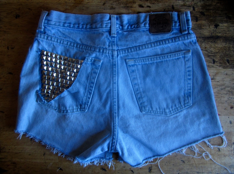 Vtg high waist Cut offs denim shorts studs American Flag moto PEGGYOWASHERE design