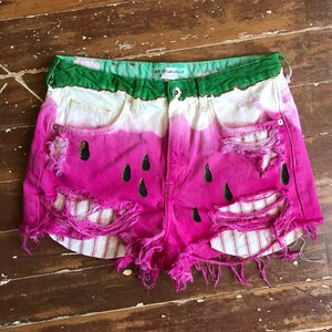 Watermelon Denim Festival Shorts: Hand-Dyed Distressed Cutoffs, Size 8 PEGGYOWASHERE