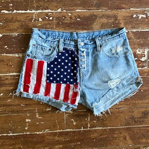Levi&#39;s 501 Denim Cutoff Shorts: 31 Waist, American Flag Patch PEGGYOWASHERE