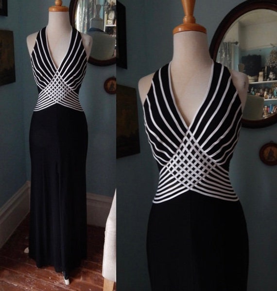 VTG 90's Tadashi black cut out halter drape maxi d