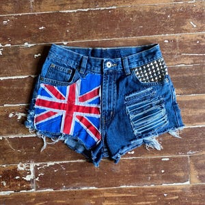 xs 26 W Union Jack cut off denim shorts studs English flag Punk faded denim OOAK handmade PEGGYOWASHERE jeans British punk