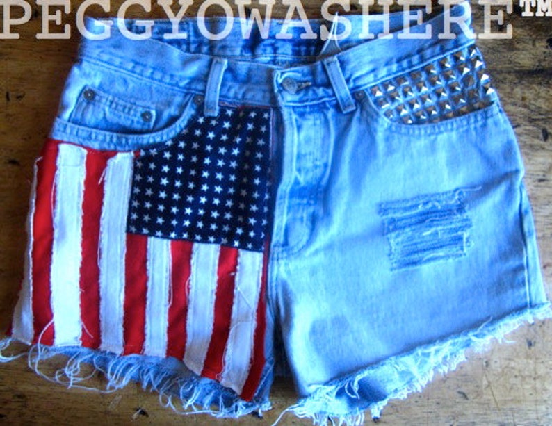 Vtg high waist Cut offs denim shorts studs American Flag moto PEGGYOWASHERE design