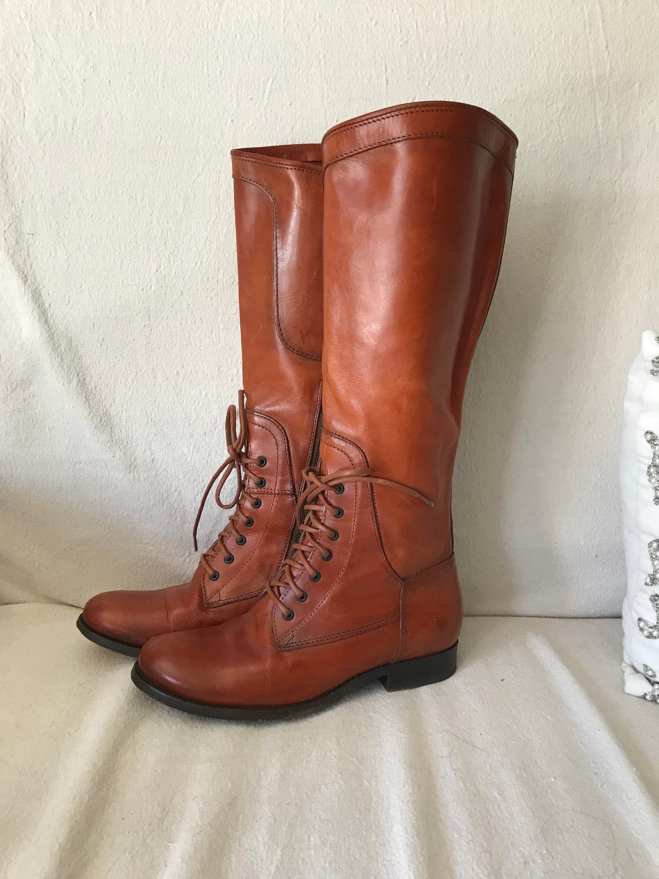 Vintage Bort Carleton Tall Leather Lace Up Boots, 1970s stacked wood heel  campus boots, 70s blue laced combat hippie gypsy boots, Women's 8