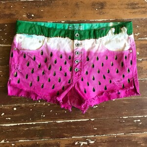 Hand-Dyed Watermelon Denim Festival Shorts - Distressed Low Rise Waist PEGGYOWASHERE
