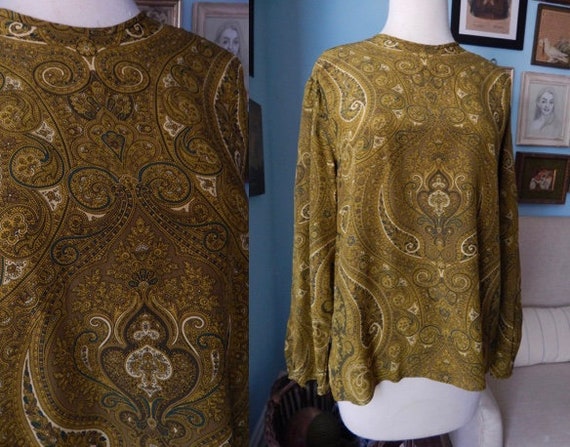 Vintage olive paisley silk blouse scarf regal chic