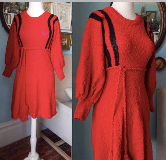Vintage 1970's nubby knit dress a-line poet sleeve