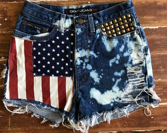 VTG 90's cut off denim acid treated stars & stripes shorts studded  DKNY 6 medium