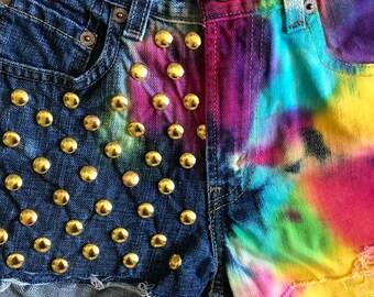 【THEAIRTOWN】 decoration denim short ♥2colors Rainbow Denim Shorts 27 Waist , Vintage 1980s Rainbow