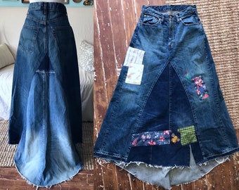 30 waist Levi's dark denim redline selvage maxi skirt  altered indigo upcycle patched vintage calico gingham cotton rose