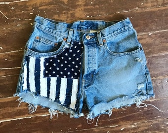 PEGGYOWASHERE™ cut off shorts denim  vintage worn American Flag OOAK size 6