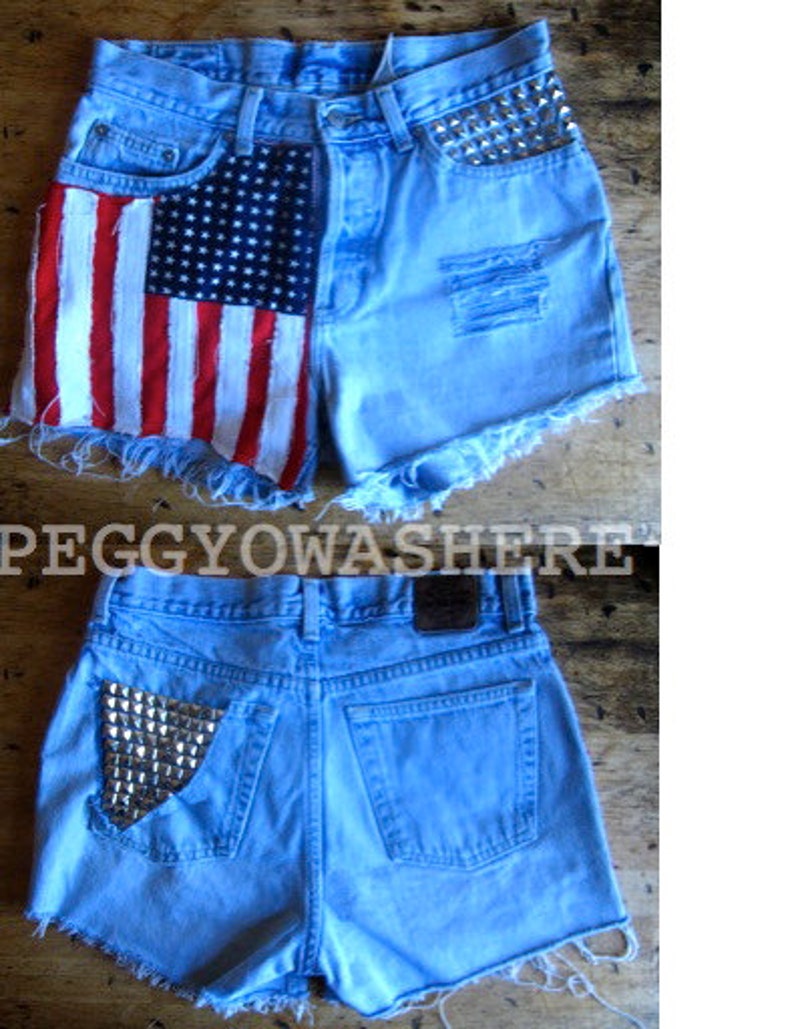 Vtg high waist Cut offs denim shorts studs American Flag moto PEGGYOWASHERE design