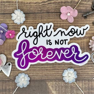 May include: Purple and white sticker with the text "right now is not forever" in black script font.