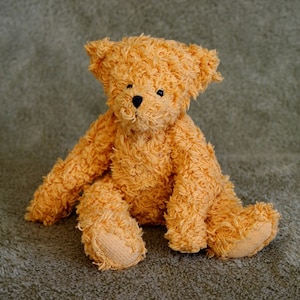 Könnte beinhalten: Ein Plüschteddybär mit hellbraunem, flauschigem Fell. Der Bär sitzt auf einer braunen, flauschigen Oberfläche.