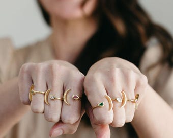 Recycled Brass Moon Ring, Adjustable Birthstone Jewelry, Gold Silver Option