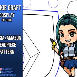 Puede incluir: Diseño de patrón de cosplay digital con los textos "JACKIE CRAFT COSPLAY PATTERNS" y "CASSIA/AMAZON HEADPIECE PATTERN". La imagen muestra una ilustración de dibujos animados de una mujer sosteniendo una herramienta, sobre un fondo azul y blanco.