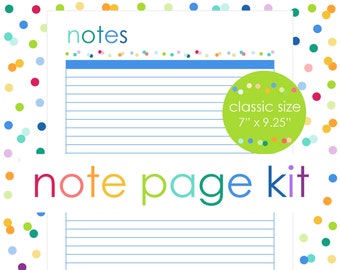 May include: A white note page kit featuring blue horizontal lines, a blue header bar, and the word notes in blue. A lime green circle displays the text classic size 7" x 9.25". The design is accented with colorful confetti dots throughout.