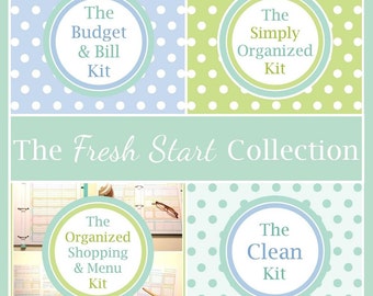 May include: A collection of organizational kits titled The Fresh Start Collection. It includes The Budget & Bill Kit, The Simply Organized Kit, The Organized Shopping & Menu Kit, and The Clean Kit, featuring polka dot patterns in blue and green.