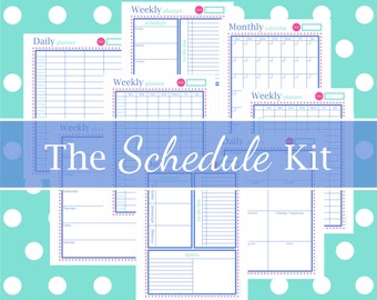 May include: A collection of printable planner pages including daily, weekly, and monthly layouts with blue grid lines and pink dotted borders. The text "The Schedule Kit" is centred in a blue banner, with "Clean. Organized. Happy." above.