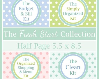 May include: A collection of printable planner pages titled The Fresh Start Collection, sized 5.5 x 8.5 inches. The design features four sections with polka dot backgrounds in blue, green, pink, and teal, each containing a circular label with text.