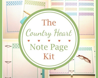 May include: A stationery set titled The Country Heart Note Page Kit featuring lined paper with checkered borders in various pastel colors, small heart accents, a wooden pencil, and brown-rimmed reading glasses displayed in a three-ring binder.