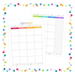 May include: Two white paper calendar pages for January with a colourful confetti border. The grid features headers for Sunday through Wednesday on one sheet and Thursday through Saturday plus a notes column on the other, all in vibrant colours.