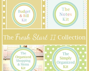 May include: The Fresh Start II Collection features four circular labels with text: Budget & Bill Kit, The Notes Kit, The Organized Shopping & Menu Kit, and The Simply Organized Kit. The labels are set against backgrounds of polka dots and solid colors.