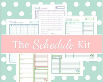 May include: A collection of printable schedule templates featuring daily and weekly planners with grid layouts, coloured borders, and floral accents. The text "The Schedule Kit" and "Clean. Organized. Happy." are printed on the white paper sheets.