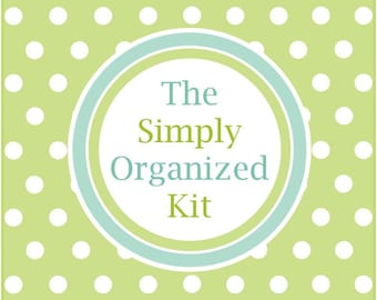 May include: A square graphic featuring a light green background with a repeating pattern of white polka dots. In the centre, a circular frame with a light blue border contains the text The Simply Organized Kit in green and blue font.