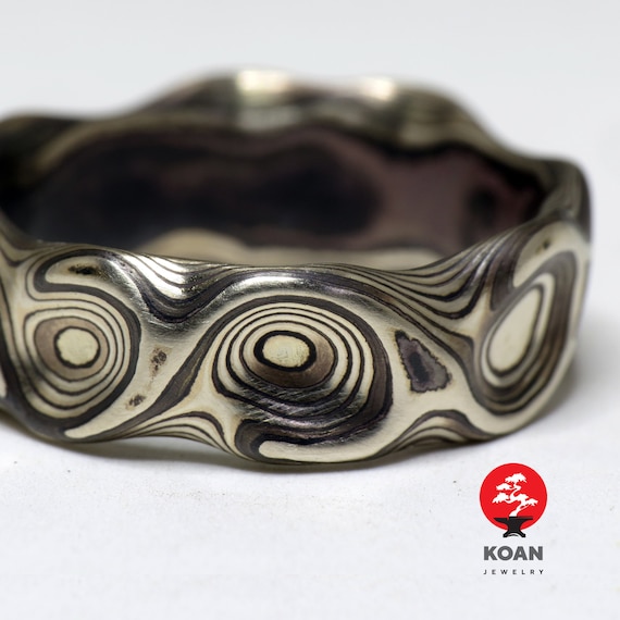 White Gold 14K Sterling Silver Mokume gane wedding rings, Textured