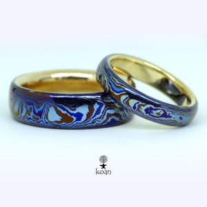 Titanium mokume gane wedding rings, Gold 14K, Textured Ring, Minimalist jewelry, Unique Ring, Wedding bands