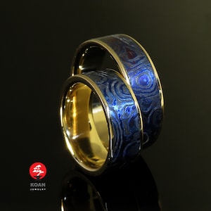 Comfort fit Titanium-Zirconium mokume gane custom wedding rings, Gold 14K inlay