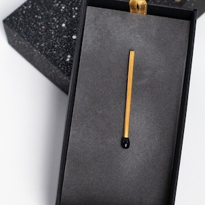 Black Onyx Unlit Matchstick Pin Brooch PERFECT MATCH. Handmade of recycled Sterling Silver, 24K Gold plated