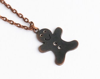 Burned Gingerbread Man pendant. Necklace Made of Copper. Unique and One of a Kind jewelry. Fun Christmas unisex gift for him and her