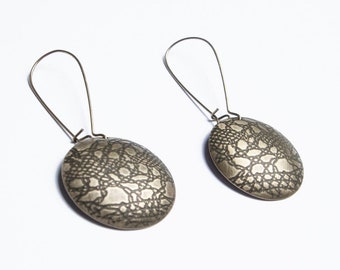 Elegant Metal Lace Earrings. Handmade of brass, oxidized. One of a Kind. Rustic and chic lace imprint earrings