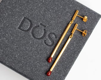 Gold Matchstick Earrings with Red Jasper, 24K Gold plated Recycled Sterling Silver