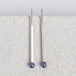 Dark Pearl Matchstick Dangle Earrings PEARL TREASURES. Matches Jewelry Handmade of recycled Sterling Silver and Freshwater Pearls