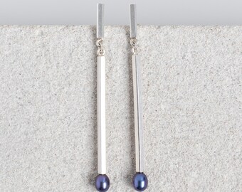 Dark Pearl Matchstick Dangle Earrings PEARL TREASURES. Matches Jewelry Handmade of recycled Sterling Silver and Freshwater Pearls