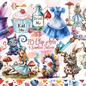Lot de 215 cliparts créatifs Alice au pays des merveilles pour créations et créations artisanales de contes de fées Graphismes et motifs fantastiques pour projets de bricolage