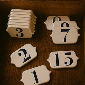 May include: Cream ceramic number tiles with navy blue numerals. The tiles have a decorative shape and are stacked and scattered on a wooden surface. Numbers visible are 1, 2, 3, 7, 9, and 15.