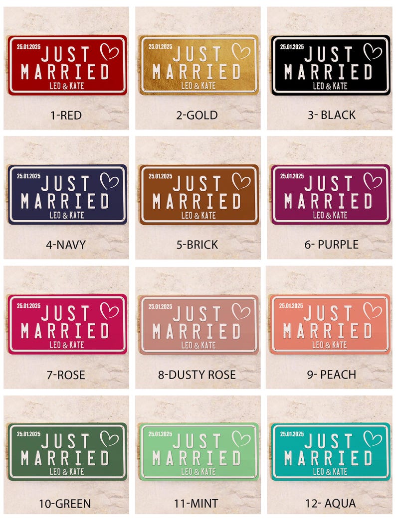 May include: A selection of rectangular signs in different colours, each bearing the text "JUST MARRIED" and a heart symbol. The signs also display the date "25.01.2025" and the names "LEO & KATE".
