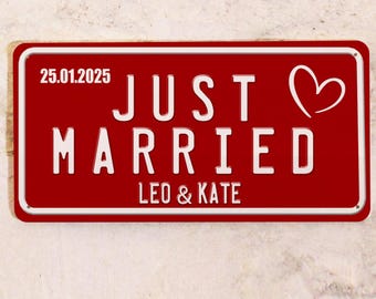 Just Married Schild mit Nummernschild - Hochzeit Auto Dekoration, Hochzeit Schild für Auto, Hochzeitsgeschenk mit Namen und Datum, Metall, 15 x 30 cm