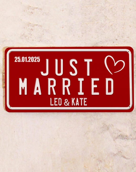 Just Married sign license plate - Wedding car decoration, сustom wedding sign for car, wedding gift with names and date, metal, 15x30 cm