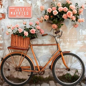 May include: An orange vintage bicycle with a wicker basket of pink roses. A sign reading "JUST MARRIED" is on the wall. The bicycle is positioned in front of a textured wall adorned with more pink roses.