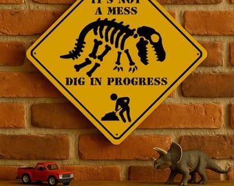 Grappig dinobord voor kinderen – kamerbord dinosaurus, metalen wandplaat voor kinderkamer of slaapkamer, 25 x 25 cm