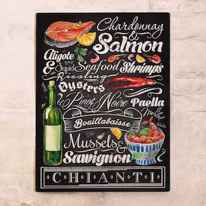 Letrero de Vino y Mariscos para Hogar y Restaurantes – Cartel Metálico Estilo Pizarra, 20x30 cm