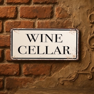Könnte beinhalten: Ein rechteckiges Metallschild mit den schwarzen Worten "WINE CELLAR" auf cremefarbenem Hintergrund. Das Schild hat einen abgenutzten, Vintage-Look mit schwarzem Rand. Das Schild ist an einer Backsteinmauer angebracht.