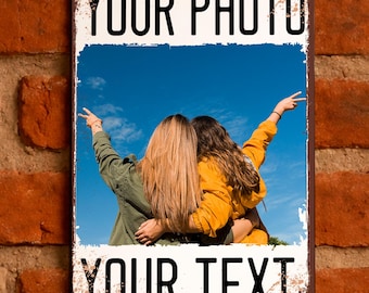 Custom Photo Sign,  Metal, Personalized Wall Plaque – Vintage Rust Look Sign for Home or Outdoor – Add Your Picture & Text – 20×30 cm