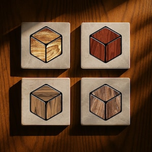 May include: Four square coasters with a cube design. Each coaster features a different wood grain pattern within a black outline, set against a neutral-toned square background. The coasters are arranged on a wooden surface.